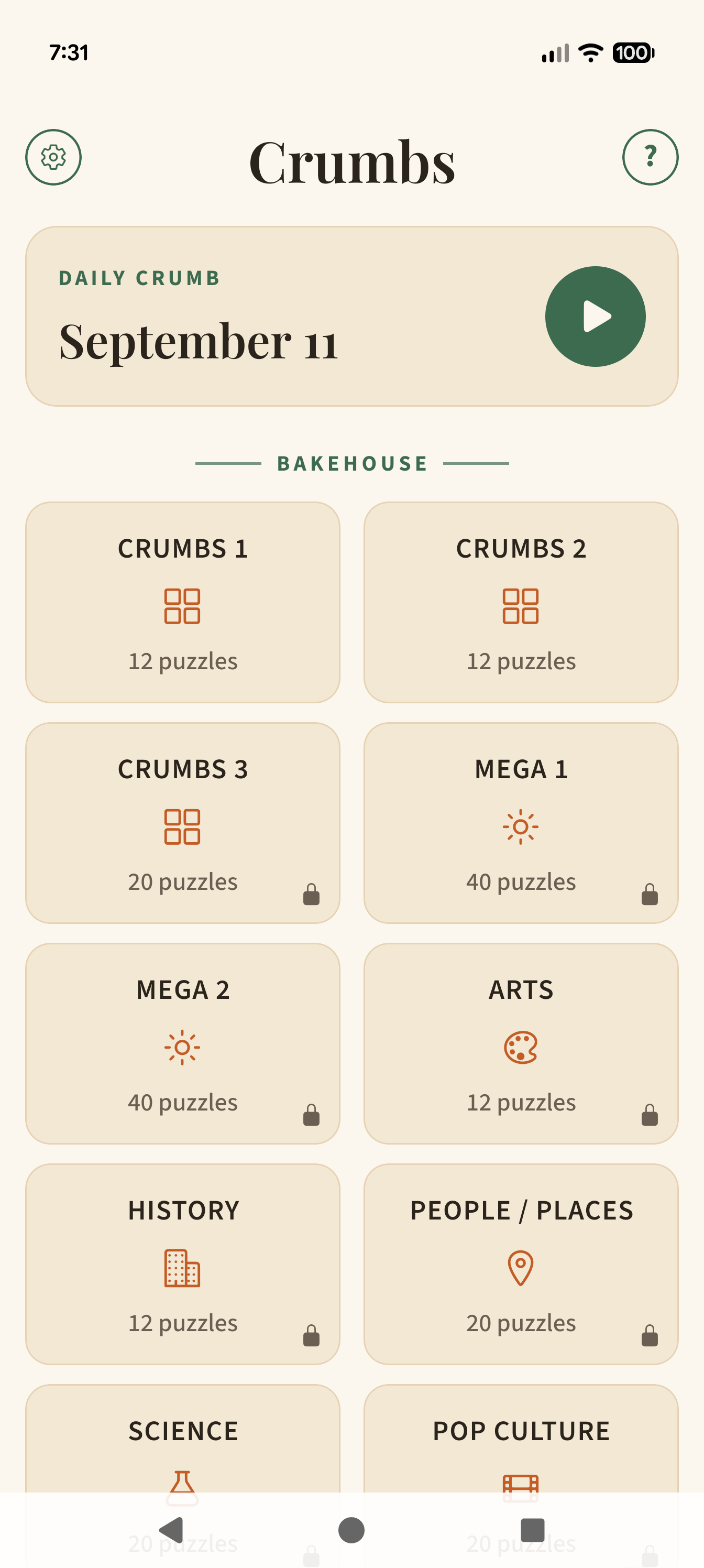 The Crumbs home screen, with the daily puzzle at the top and puzzle packs in the bakehouse.