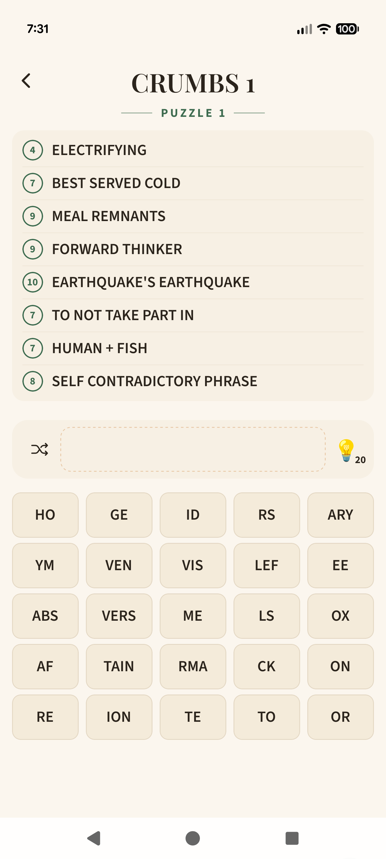 A Crumbs puzzle on a phone: eight clues above a tray of letter tiles such as HO, GE, and ID.
