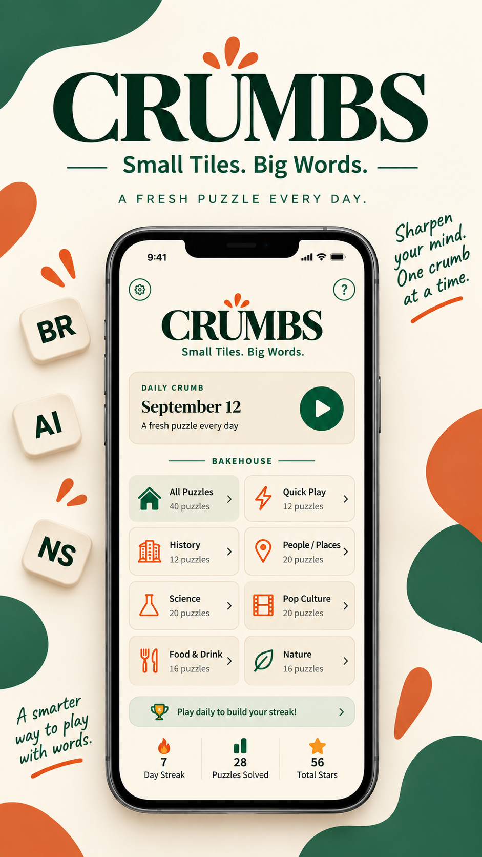 Crumbs home screen with the daily puzzle, category tiles, and the tagline Small Tiles. Big Words.