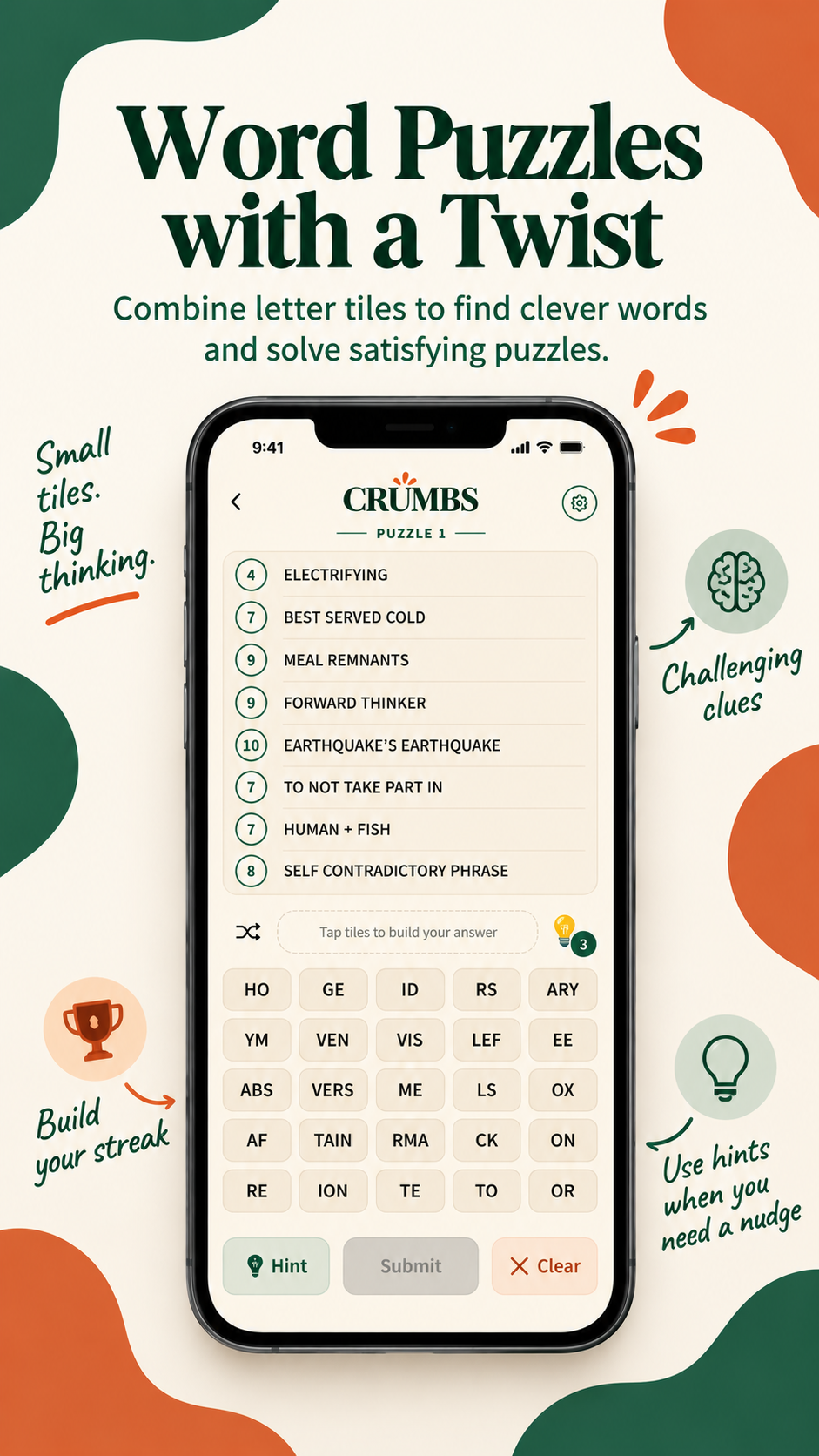 A puzzle in progress, with clues on top and letter crumbs ready to tap.