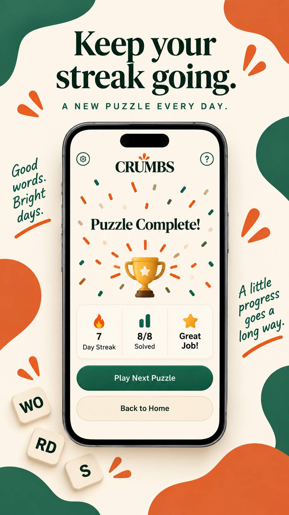 Puzzle complete, with a trophy, the day's streak, and a button to play the next puzzle.
